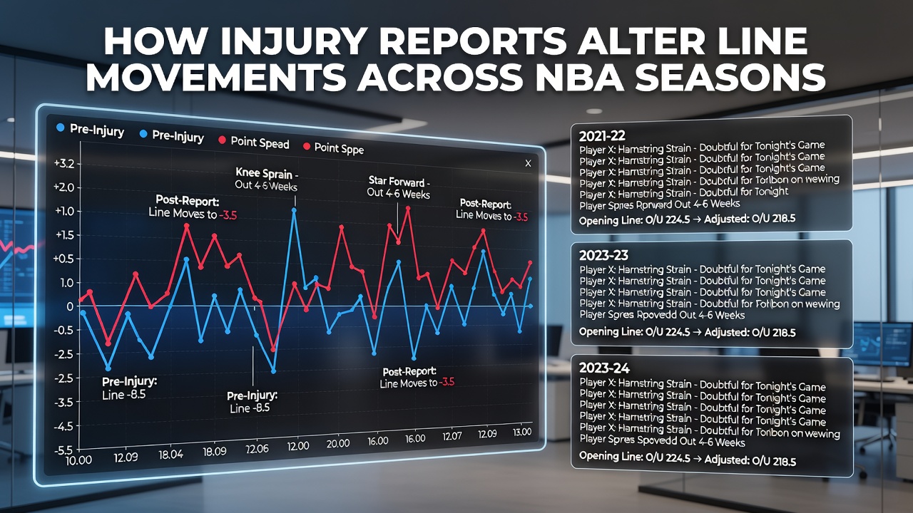 Sportsbook odds board displaying NBA game lines with injury report annotations