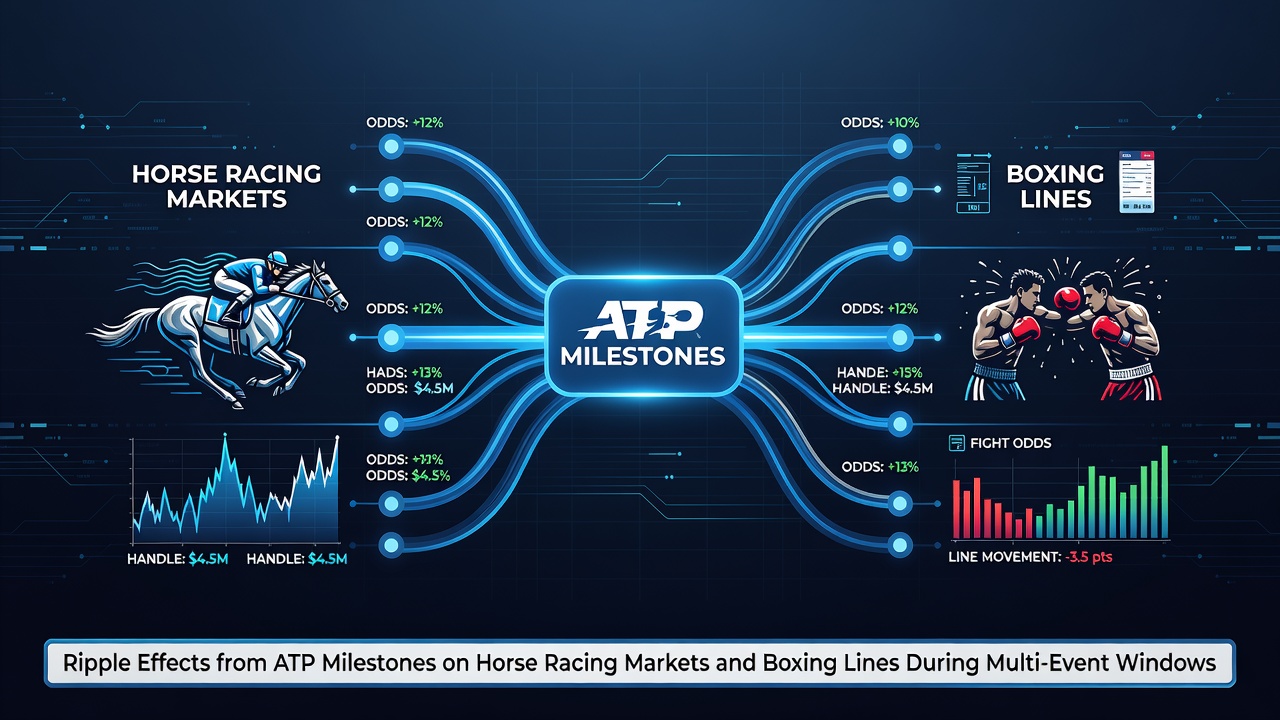 ATP tennis players celebrating a major milestone while betting screens display shifting horse racing and boxing odds in overlapping event windows