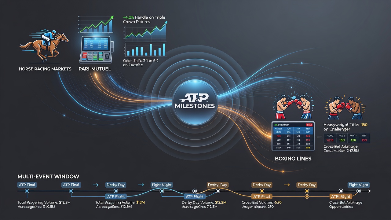 Betting terminals showing real-time adjustments in boxing lines and horse racing odds influenced by concurrent ATP tournament developments