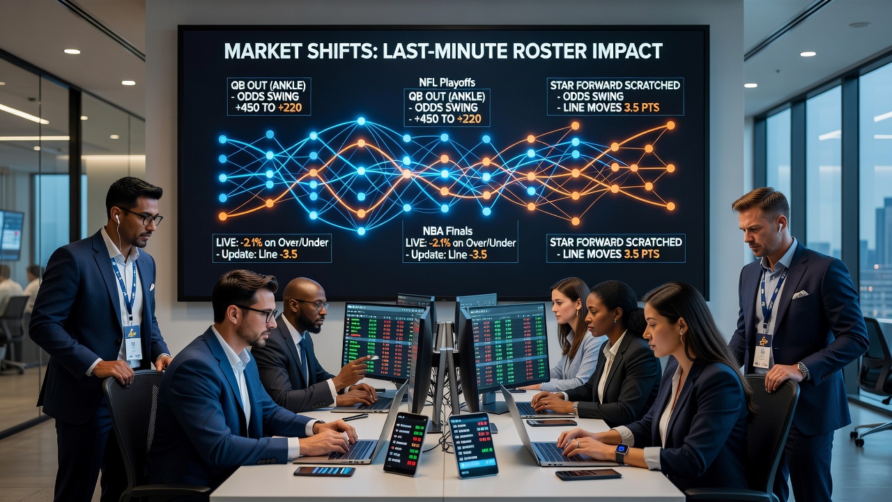 Sportsbook dashboard displaying rapid line movements after simultaneous roster announcements in football and basketball